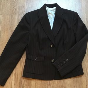 Dark brown blazer with red and black pinstripes